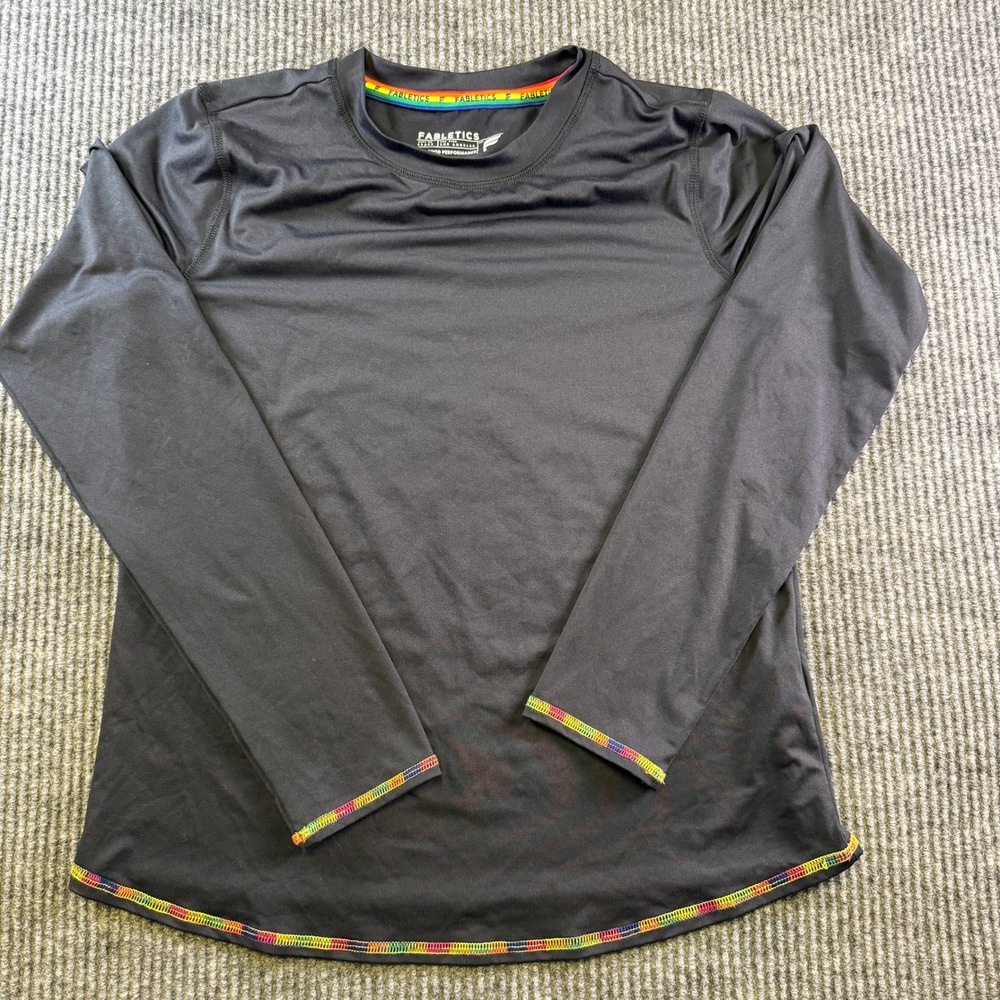 Fabletics Long Sleeve Shirt M Black Polyester Rainbow Stitching Activewear Top